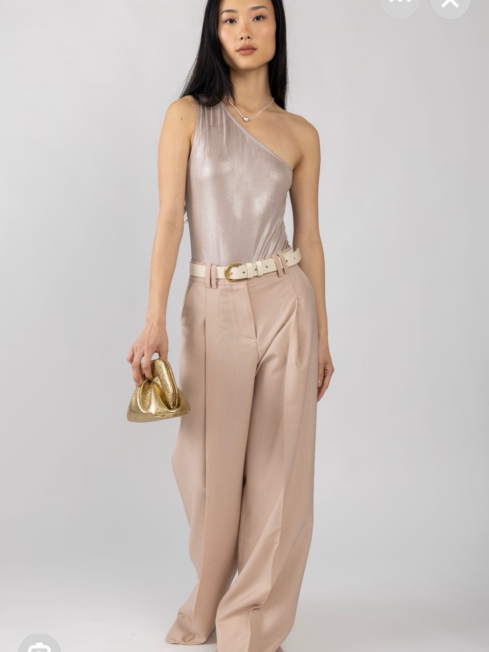 L'AGENCE One-Shoulder Shimmer Bodysuit in Dusty Rose (gold color)